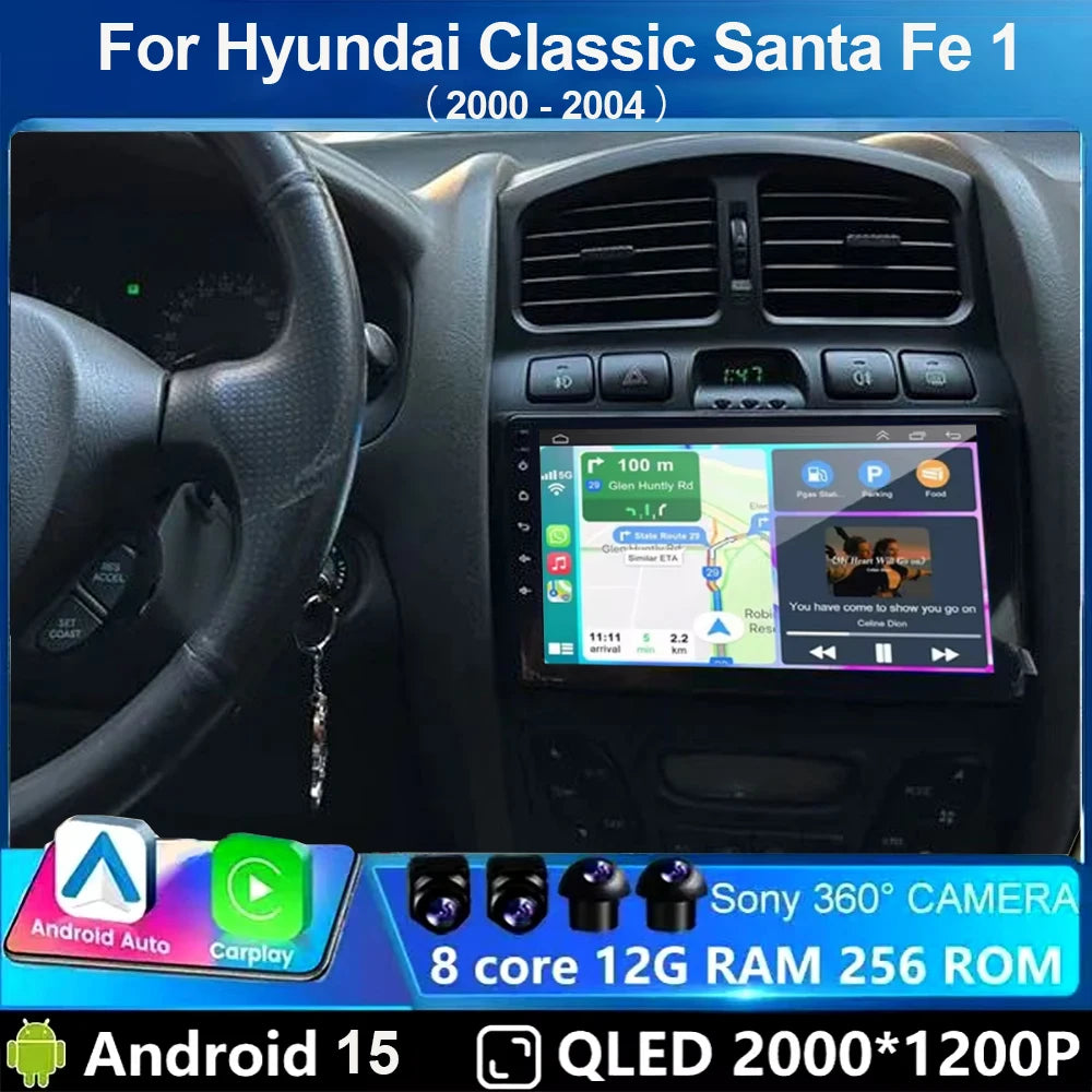Android 15 Pantalla CarPlay para Hyundai Classic Santa Fe 1 2000 - 2004 2005 - 2015 Multimedia Player GPS Navegación Carplay Auto WIFI